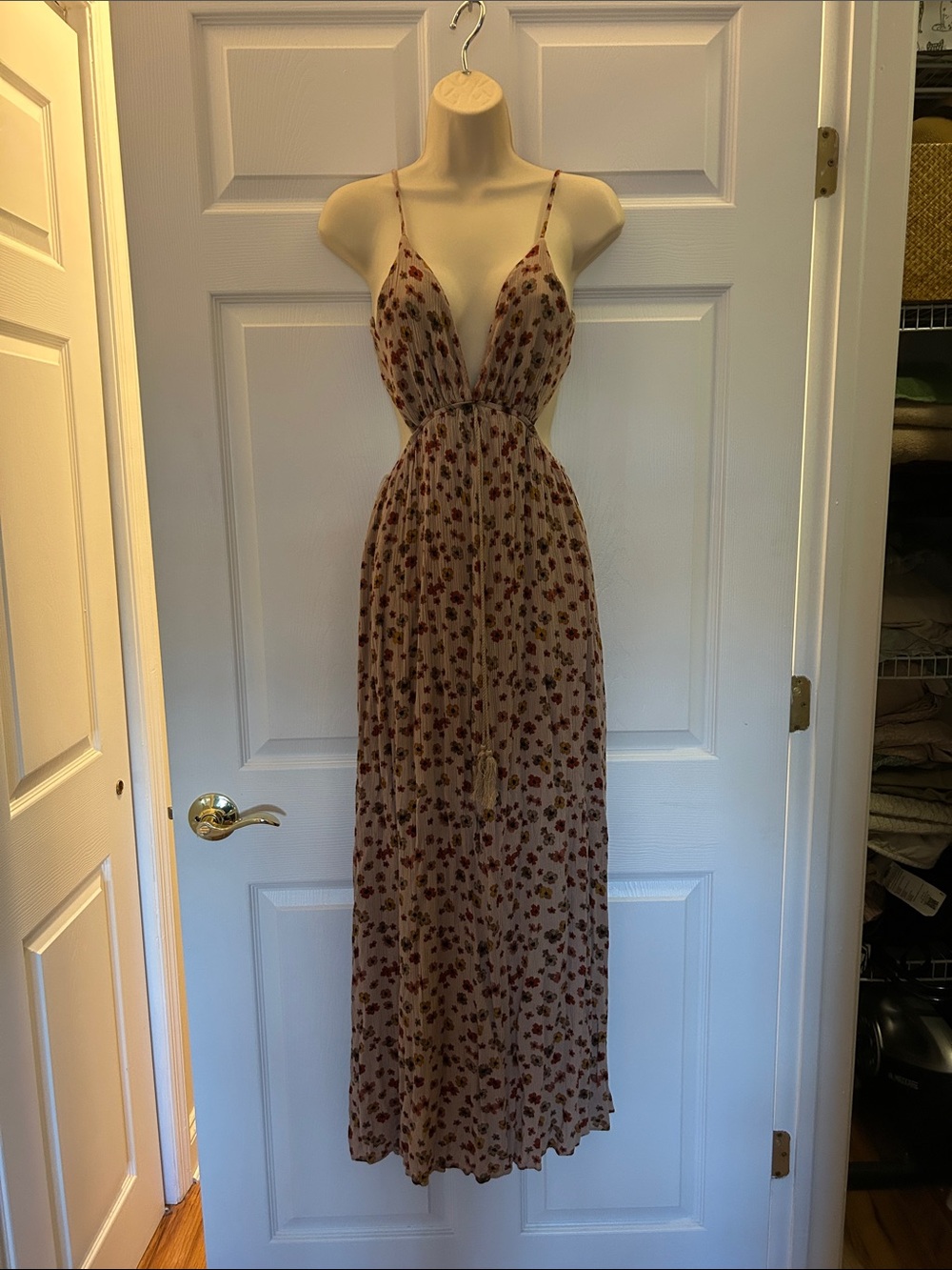 Floral Spaghetti-Strap Maxi Dress in Beige with Burgundy Print.